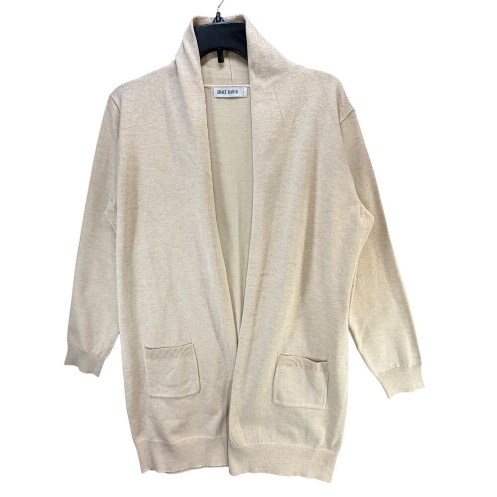 Grace Karin Cardigan Sweater Womens L Beige Open Front Classic Soft Knit Cozy